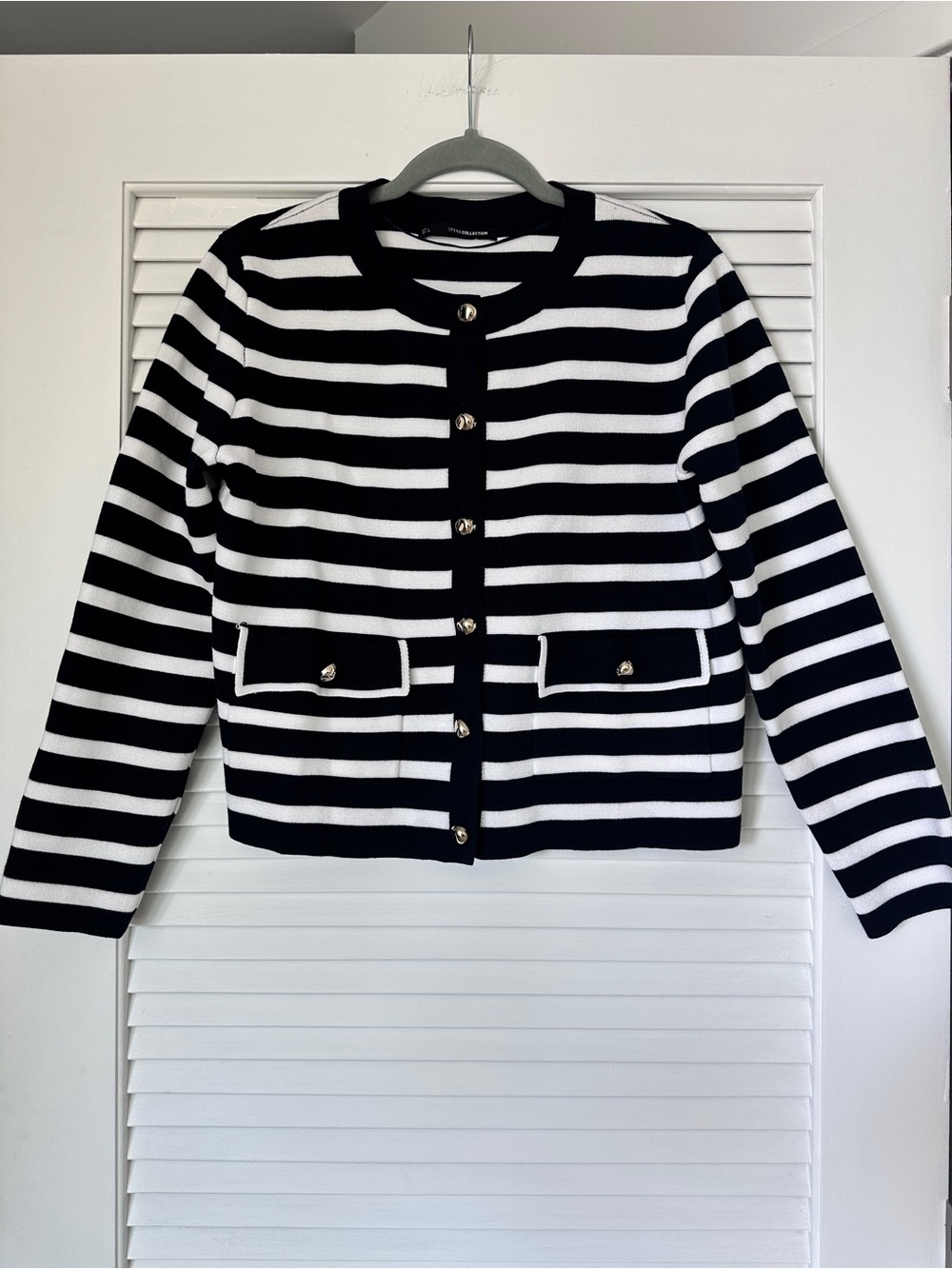 Sfera Collection Nautical Striped Knit Cardigan Gold Buttons Navy White L